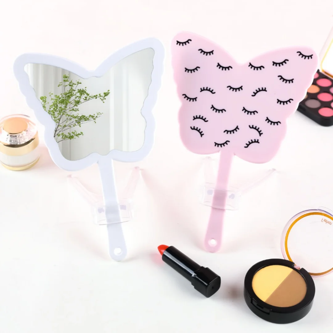 蝶の形をした手持ち鏡、高精細携帯鏡、女の子用化粧鏡、つけまつげハンドル付き鏡