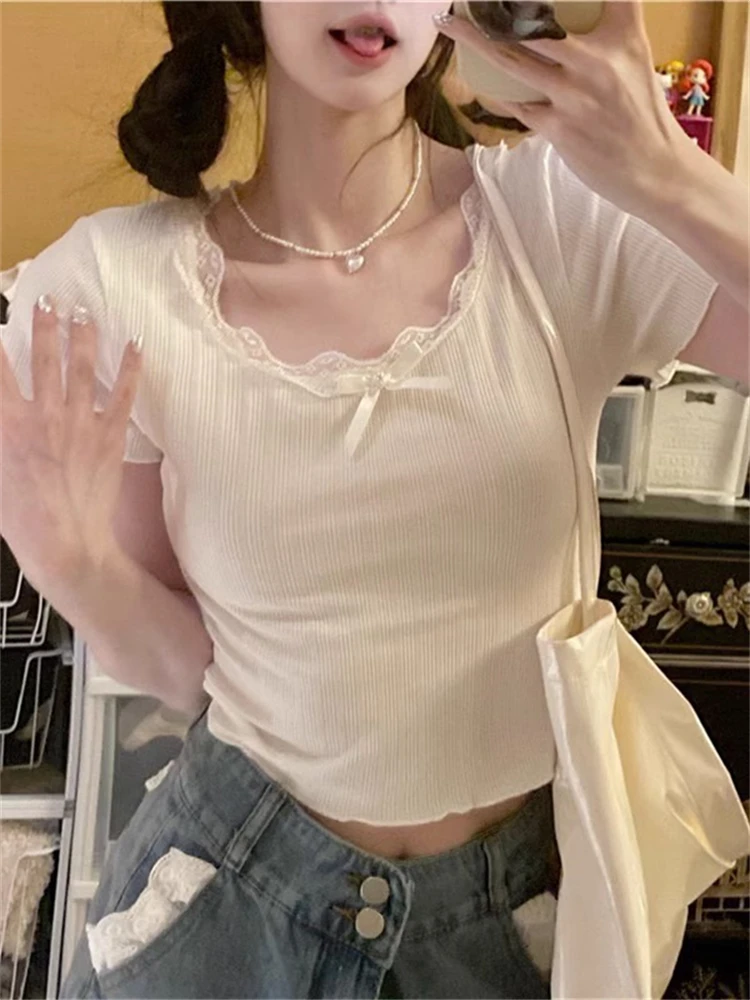 

Korean Sweet Lace Slim Fit Short Sleeve T Shirt Women Plus Size Sexy Cute Summer New Top
