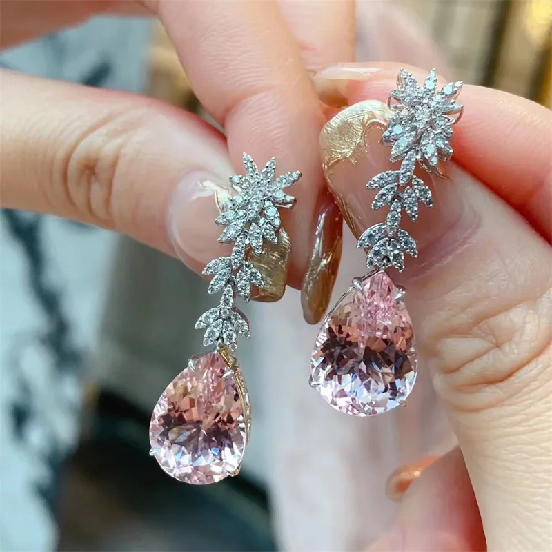 

2023 Korea Jewelry Pink Morganite Diamond Water Drop Earrings Female Elegant Long Pendant Earring Trendy Dangler Fine Gift