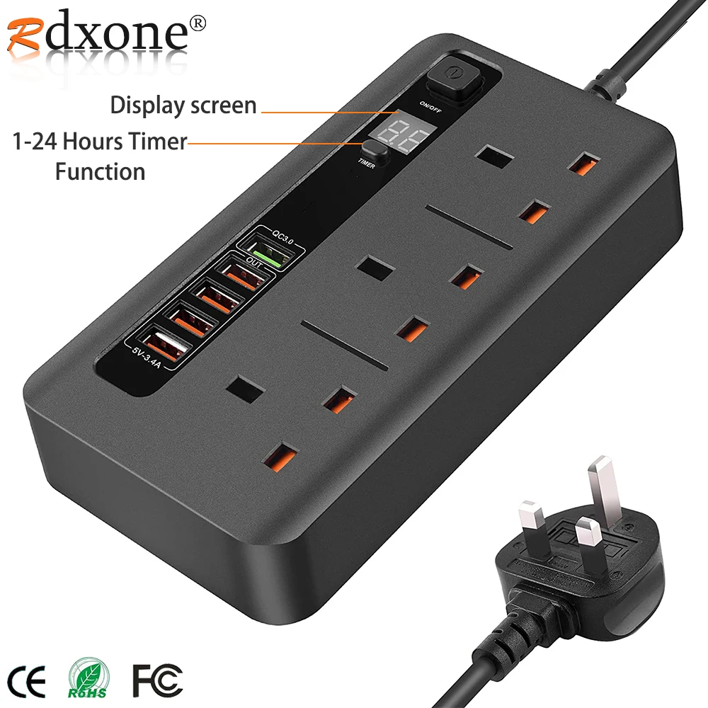 

UK Power Strip With USB 2M Extension Lead Multiple Plug Extension Socket 24H Timing Outlets Extension Cord With Switch