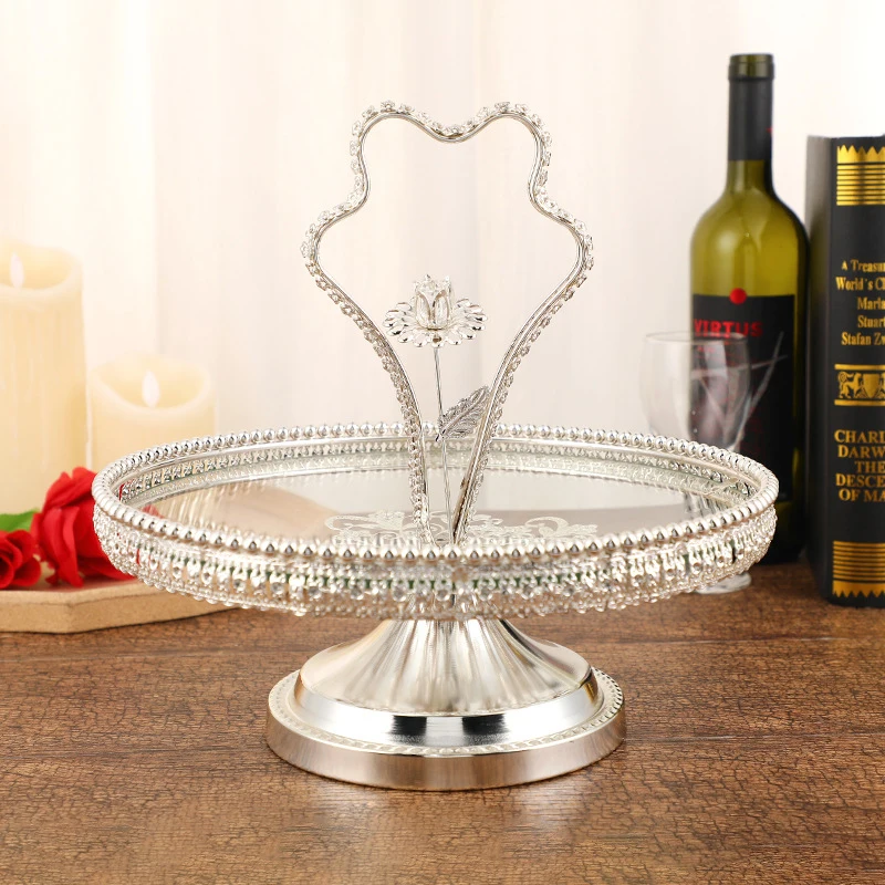 

PEANDIM European Portable Fruit Plate Silver Flower Encrusted Plate Nuts Snack Cake Tray For Wedding Party Home Decoration