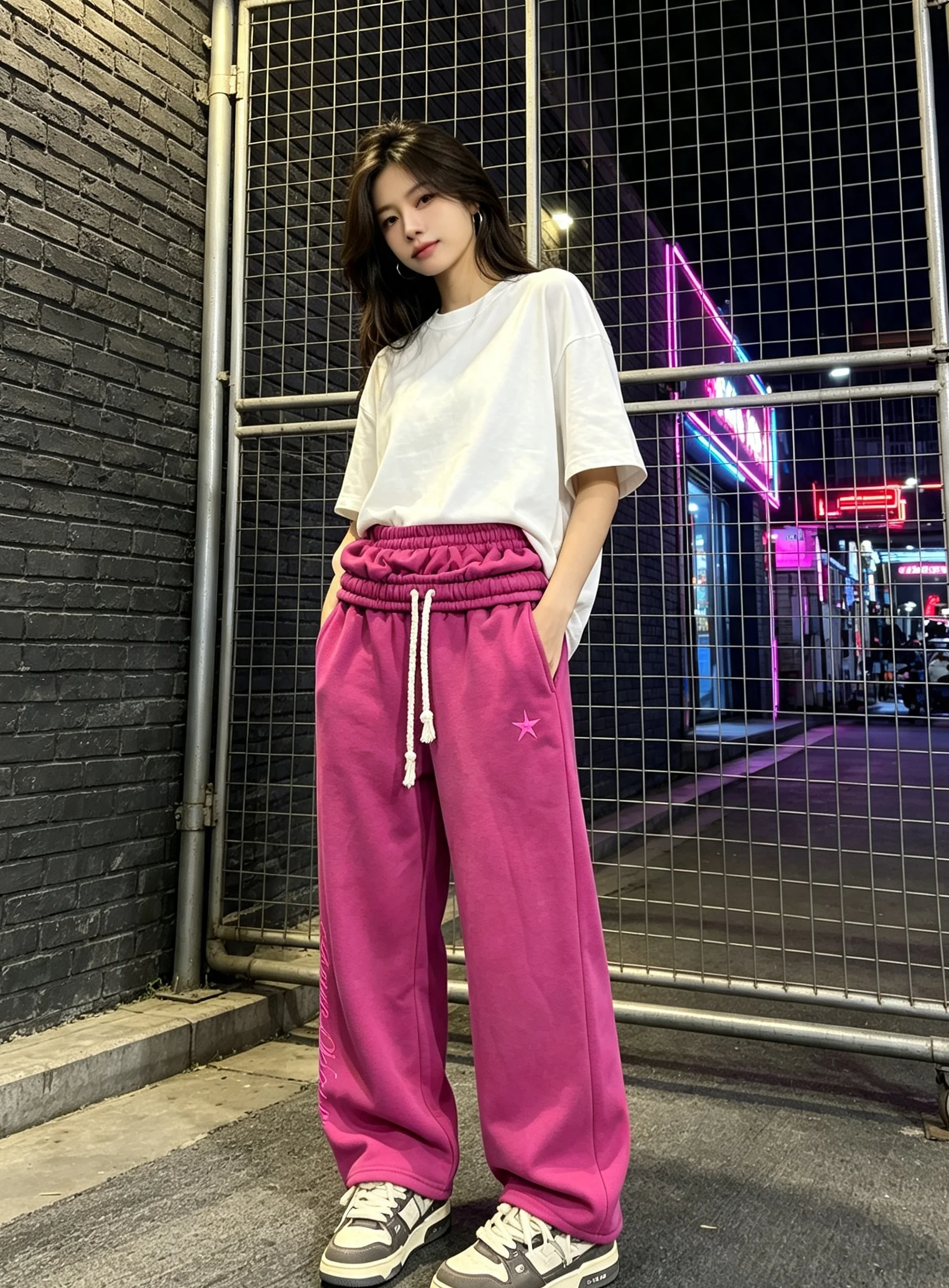 Unisex European American Style Double Waistband Embroidered Sweatpants High Street Loose Wide-Leg Pants