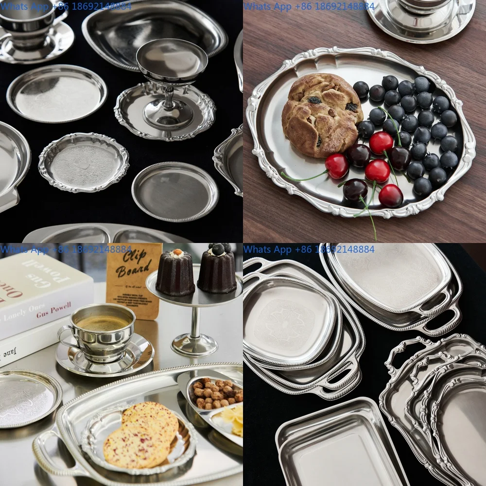 

Stainless Steel Silver Vintage European Style Dessert Plate Coffee Cup Oval Tray