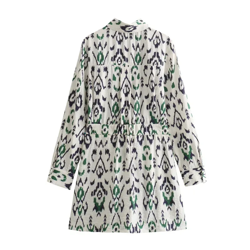 Damska letnia elegancka sukienka z długim rękawem i nadrukiem Casualowa krótka koszula w stylu wakacyjnym na plażę Modna moda 2025