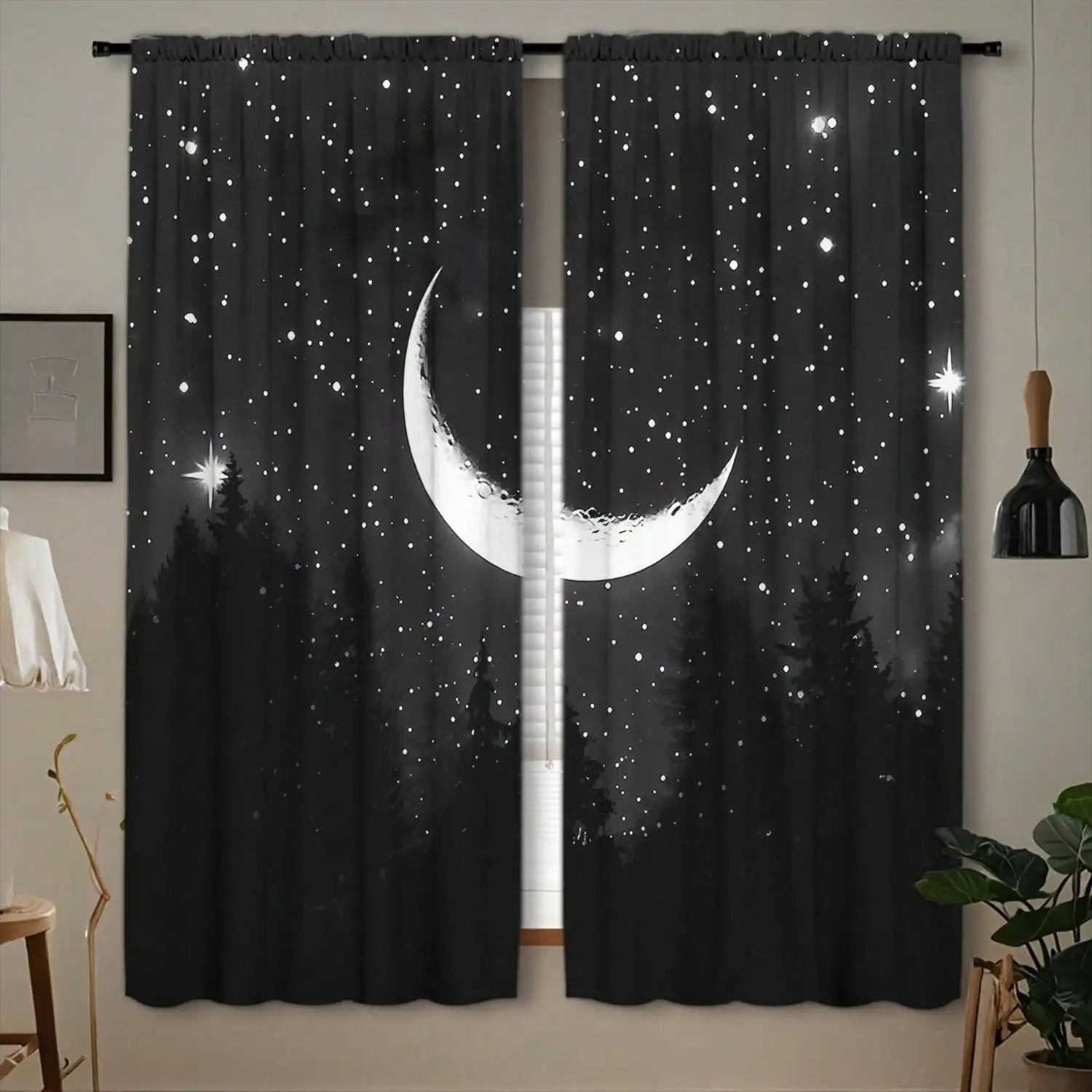 2pcs Black And White Starry Sky Crescent Moon Decorative Curtains, Warm In Winter, Insulated In Summer, Energy-Saving Suitable