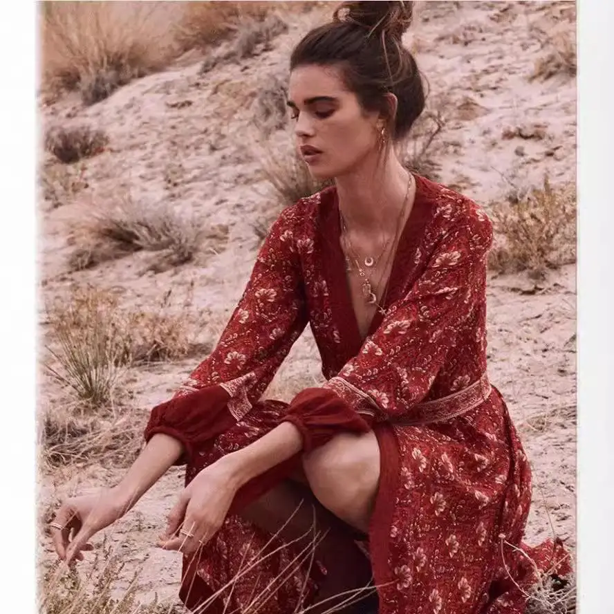 n Sle Maxi Dr Women's V-Ne Vintage Vaion Skirt Long Sve Polyester Elastic Waist Bell Bot Gown