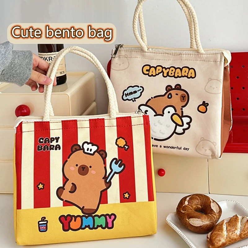 Kawaii การ์ตูน Capybara กล่องอาหารกลางวันกระเป๋าฉนวน Tote กระเป๋า Bento ถุงอาหารกลางวันสําหรับหญิงสาวแบบพกพา Thermos กระเป๋าของขวัญ