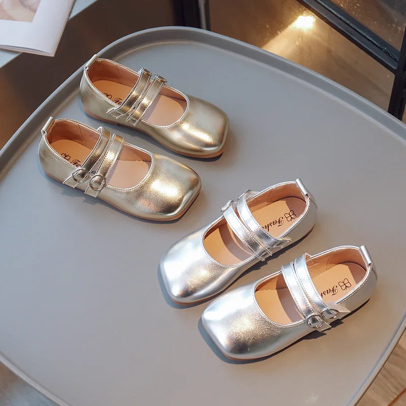 Little Girls Leather Shoes 2023 Summer Korean Style Fashion Kids Silver Performance Shoes Gold Soft Children Casual Shoes Simple