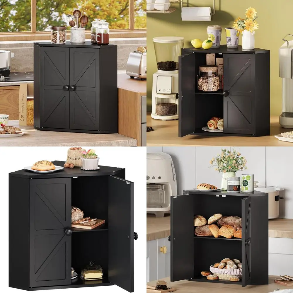 

Large Bamboo Double Decker Bread Box Organizer for Kitchen Counter Storage in Black