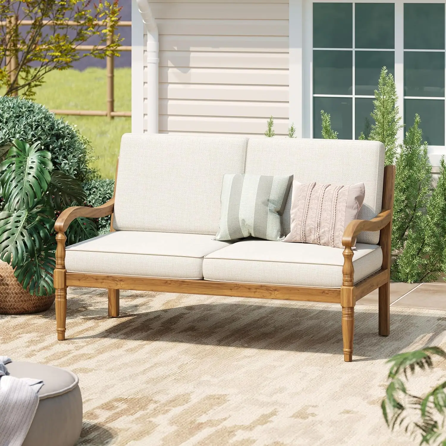 

Outdoor Loveseat with Cushions: Acacia Wood Patio Bench for Garden & Balcony - Curved Armrests & Lattice Back Design, Custom