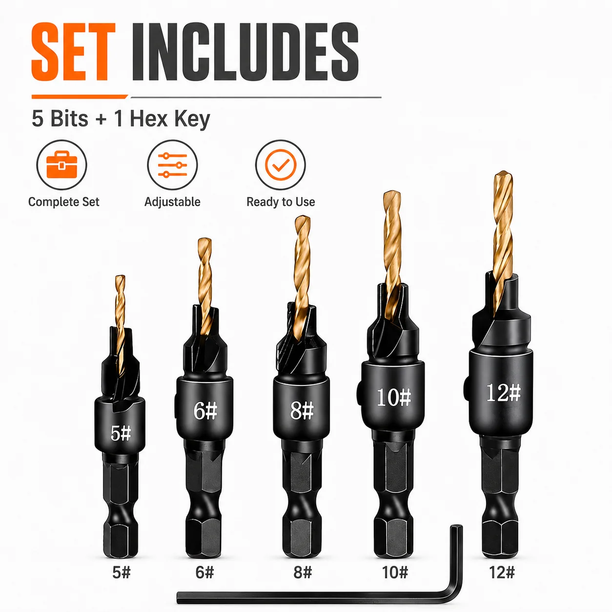 5Pcs Adjustable HSS Countersink Drill Bit Set #5-#12, 1/4