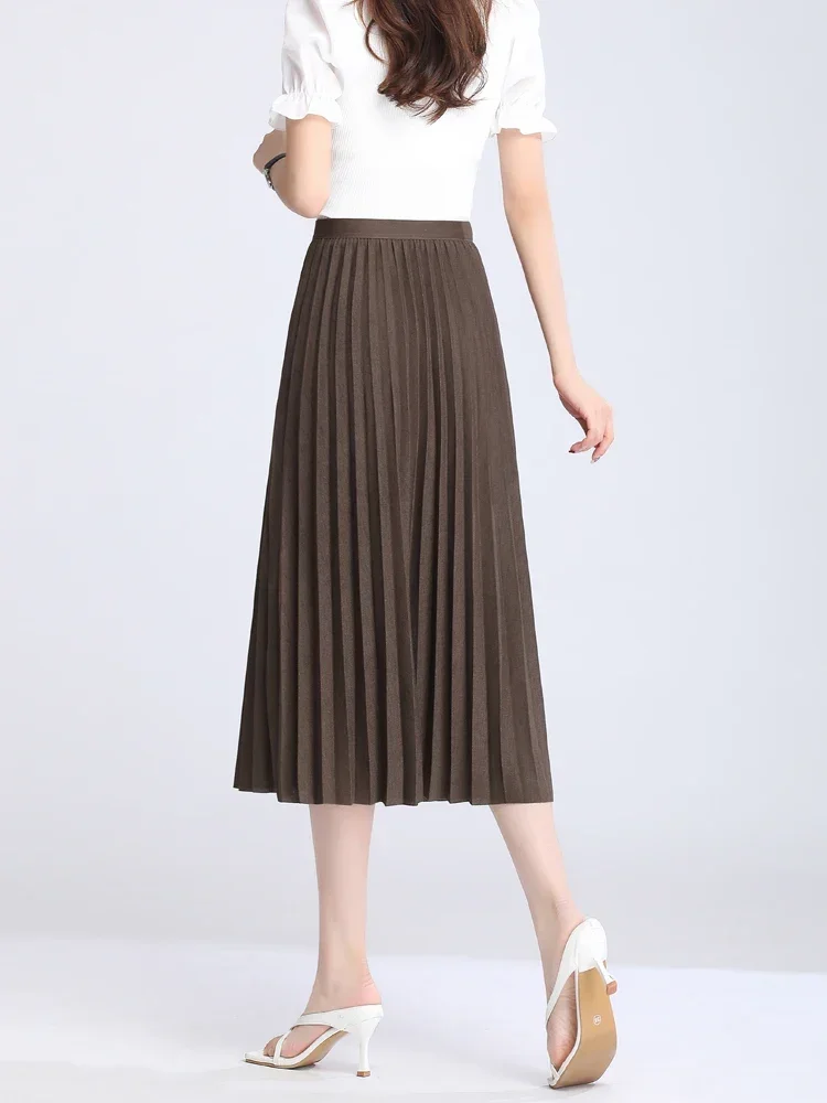 High waist long women skirt a line elastic pleated calf length solid simply classic female bottom thin summer y2k skirt 2022