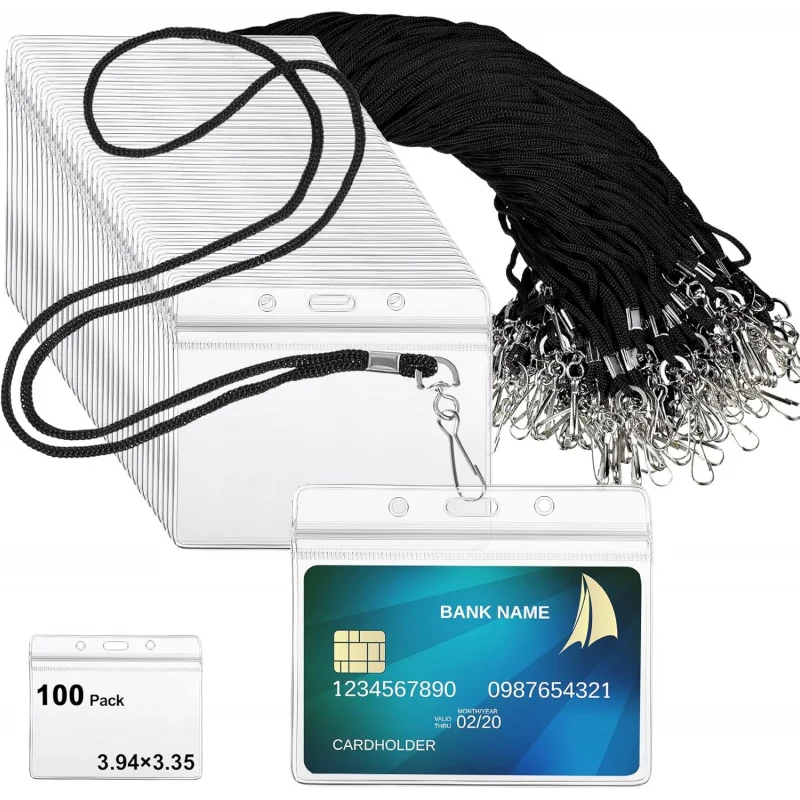 

100 Sets Lanyards with ID Badges Bulk, Clear Plastic Horizontal Name Tags Badge ID Card Holders, Flat Neck Lanyards with Swivel