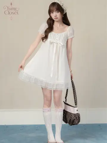 Coquette Mauve Mini Dress Women Square Neck Puff Sleeve Empire Waist Ribbon Tie Ruffle Hem Korean Cottagecore Summer Sundress