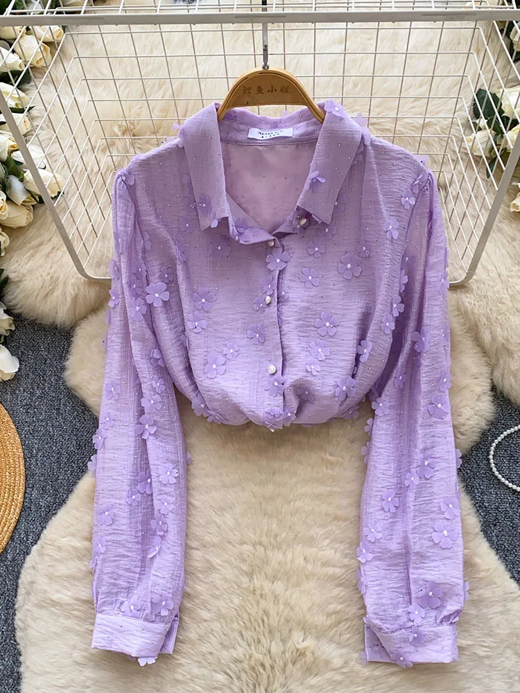 

Весенне-осенняя рубашка с длинными рукавами и объемными цветами для женщин, новый модный универсальный топ на одной пуговице D120