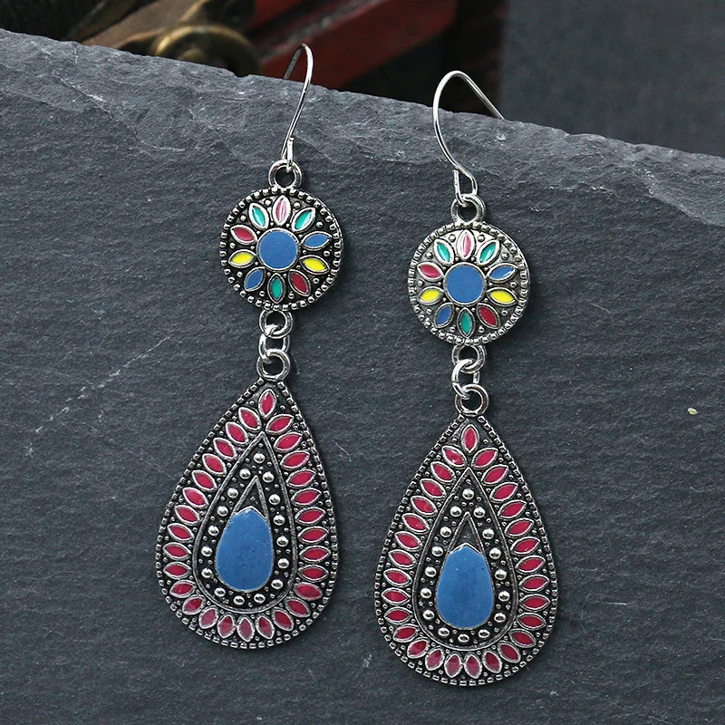 Vintage Ethnic Enamel Drop Oil Round Water Drop Earrings for Women Boho Multilcolor Beads Dangle Earring Female Pendiente Mujer