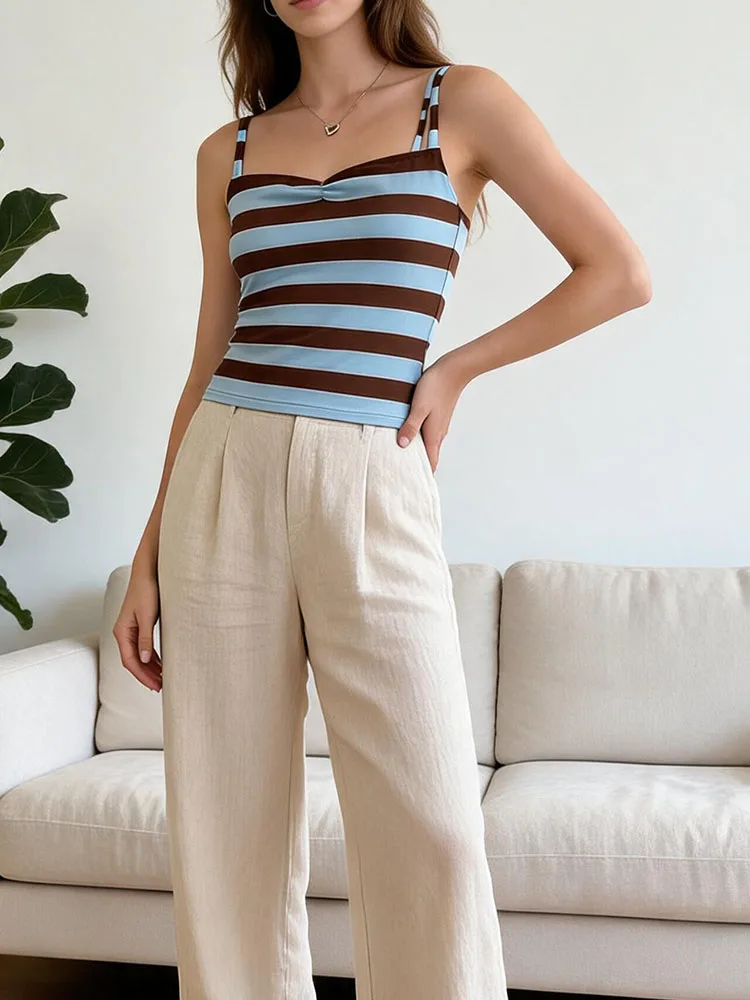 Y2K Sweet Cool Spicy Girl Style Contrast Striped Strap Strap Tank Top Women's Sweetheart Collar Summer New Slim Sleeveless Top