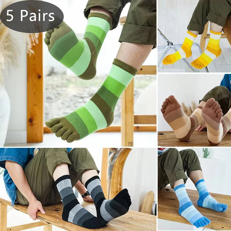 Combed Cotton Man 5 Finger Socks Four Seasons Sweat-Absorbing Striped Young Fashion Party Dress Long Toe Happy Socks 5 Pairs