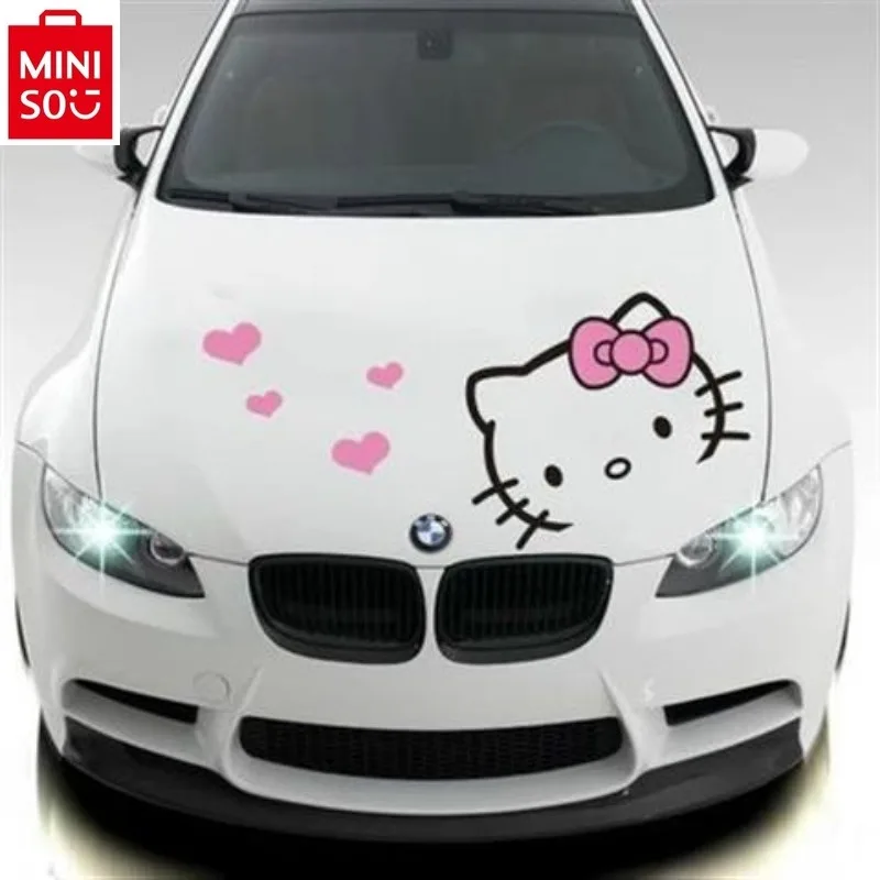 MINISO 2024 New Cartoon Hello Kitty Cover Stickers Cute Pulling Flower Front Cover Body Stickers Decorative Car Stickers