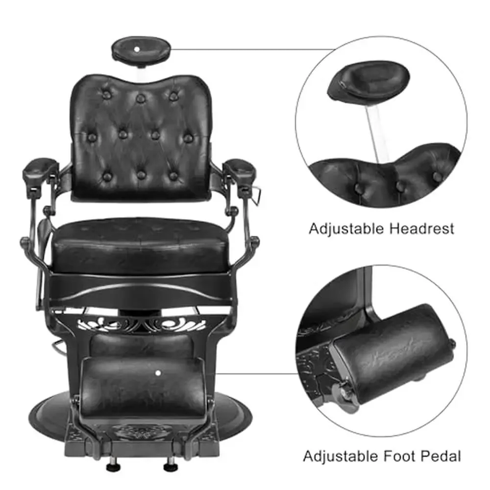 Heavy Duty Vintage Hydraulic Barber Chair with Headrest 135° Recline 700lbs Capacity 360° Rotatable Professional Salon Beauty