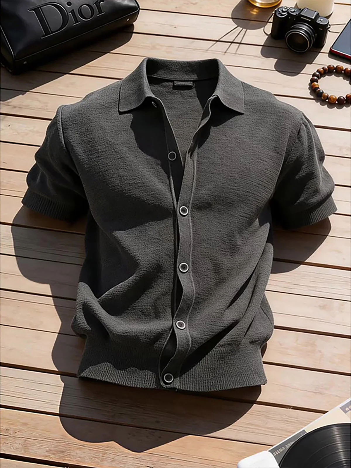 Deep Grey Knitted Short Sleeve Open Cardigan Men's High Sensation Shoulder T-Shirt Luxury Casual Style Youth Popular Loose Fit