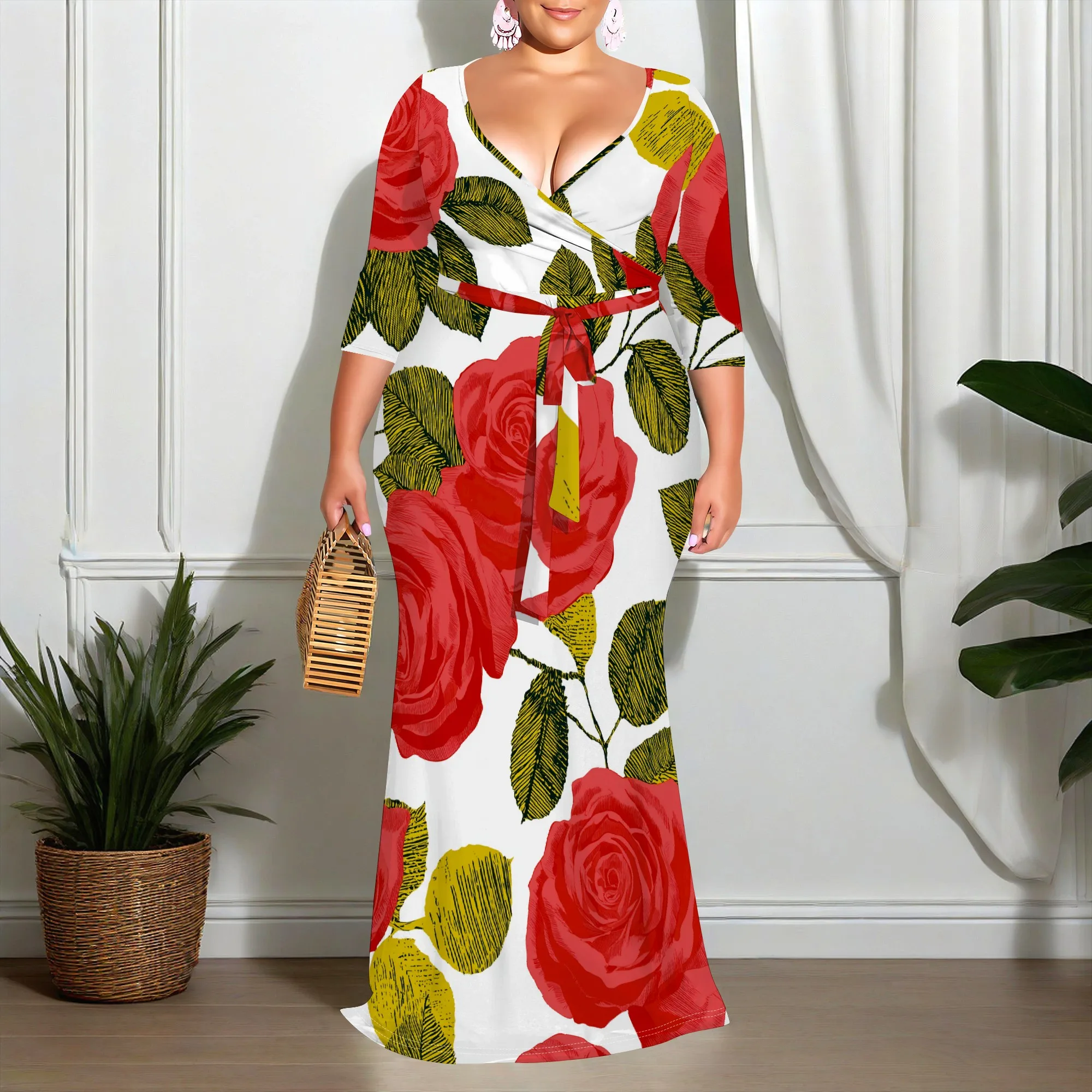 

"Plus Size XL-6XL Floral Maxi Dress for Women Wrap V Neck Tie Waist Long Sleeve Summer Party Gown with Yellow Rose Print"