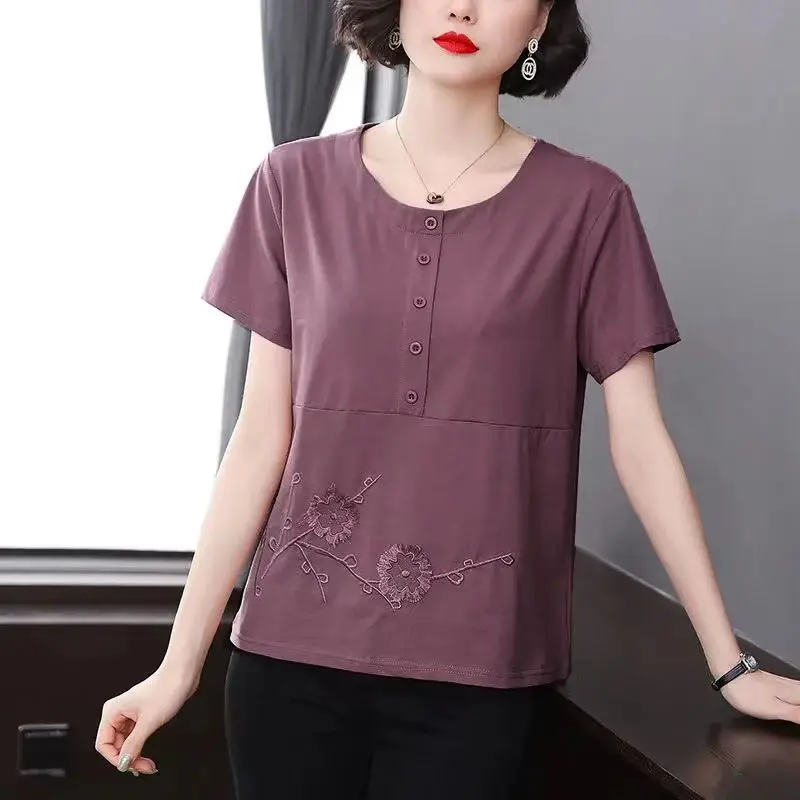 Casual All-match Solid Color Embroidery T-shirt for Female Summer Simplicity Loose Short Sleeve O-Neck Tops Women\'s Clothing