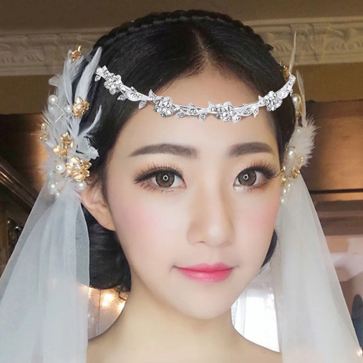 

Petal Crown Tiara Headband for Women Silver Rhinestone Alloy Wedding Engagement Prom Hair Accessory Flower Leaf Design