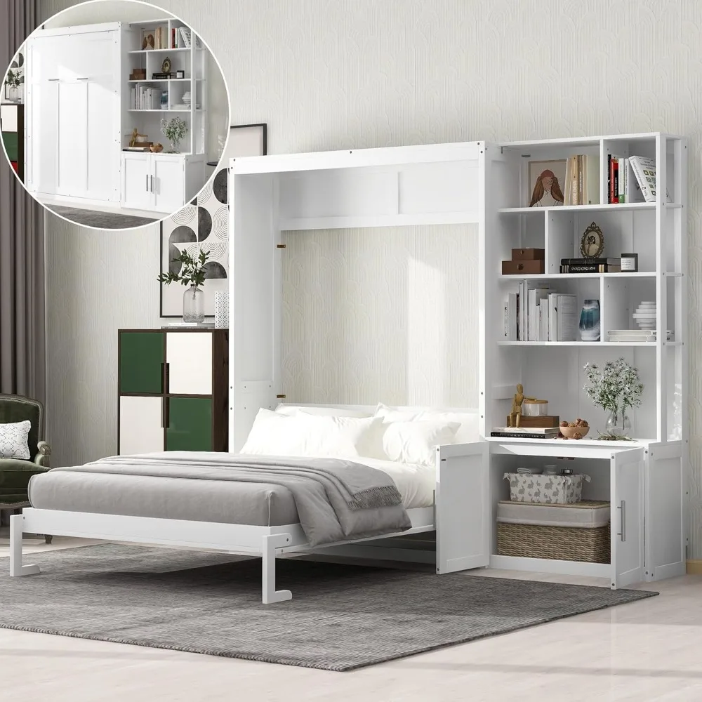 

Merax Full-Size Hidden Wall Bed with Storage Shelves, Solid Wood Folding Platform Bed Frame for Home and Bedroom Use