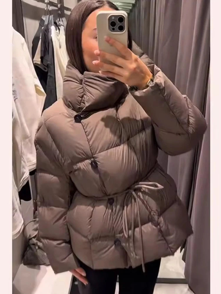 Winter Commute Street Outwears Women Solid Lace Up Cotton Coat Fashion Lapel Long Sleeve Warm Pocket Loose Short Coats New Lady