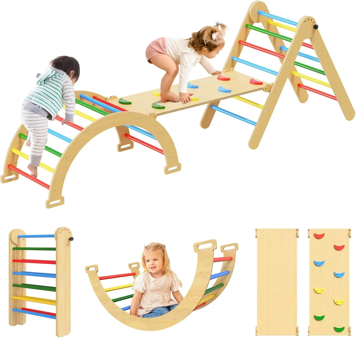 

7 in 1 Pikler Triangle Set, Wooden Montessori Toddler Climbing Toys Indoor, Foldable Climbing Toys for Toddlers 1-3 Inside, 3 Pi