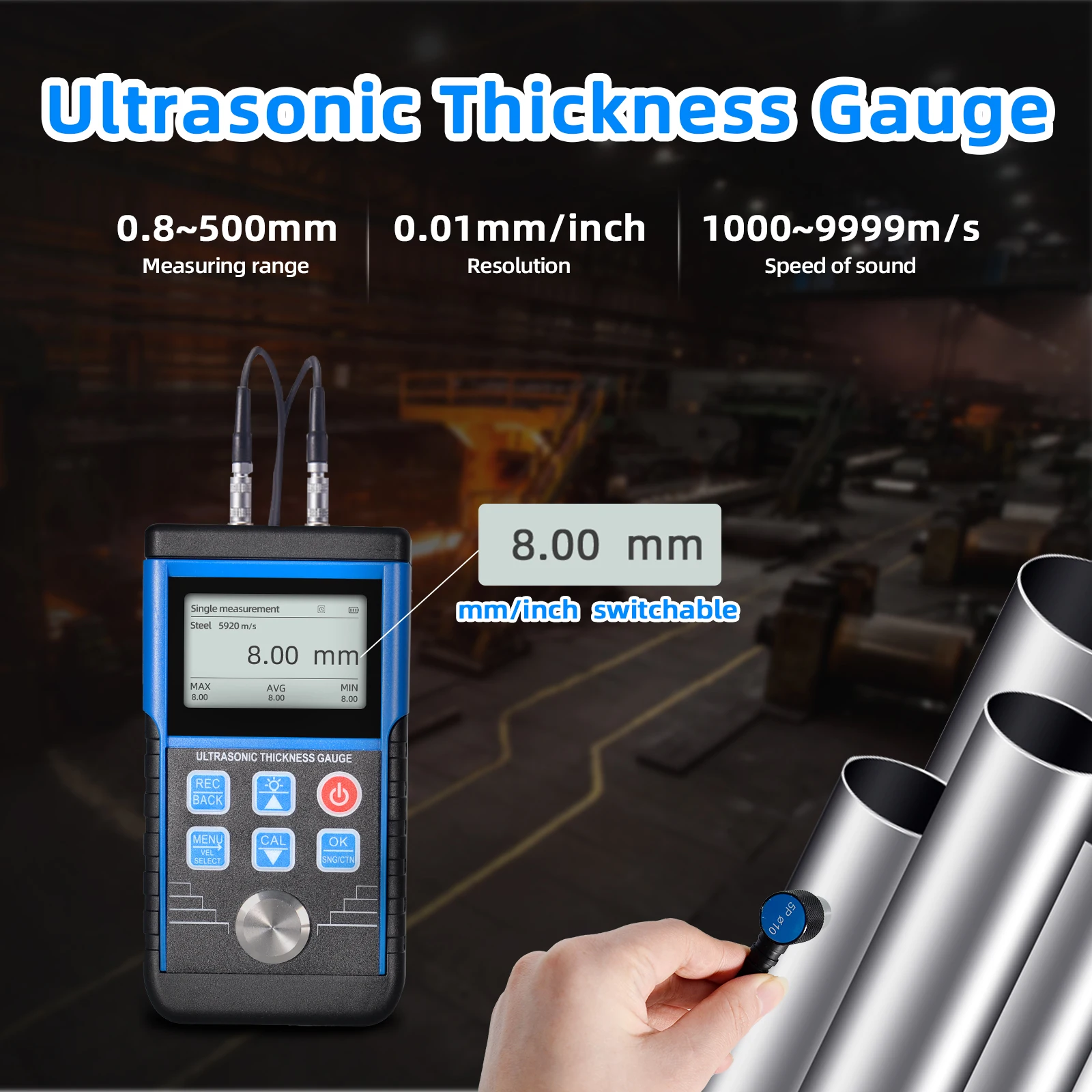 Holdpeak T9-130S Ultrasonic Thickness Gauge 1.0-350mm Steel 0.01mm Resolution 5MHz Probe Data Logger 99 Groups