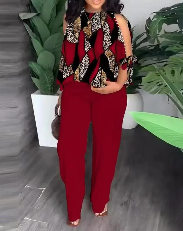 2024 Primavera Verano moda nuevo conjunto estampado mujeres suelto Casual cuello redondo raglán hueco cinco cuartos manga pantalones traje señora