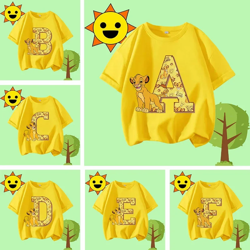 

Summer T-shirt Boys and Girls Sport Shirt Children Round-neck Short-sleeved Lion King Letter A-Z Cartoon Print Casual Shirt
