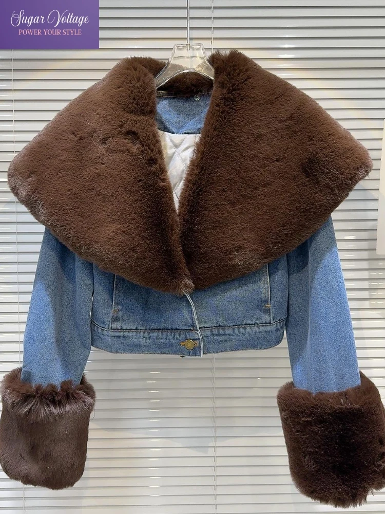 خمر أنيقة فو الفراء طوق قصيرة الدنيم سترة المرأة سليم صالح شتاء دافئ معطف مبطّن كول الشارع الشهير Y2K موضة ملابس خارجية