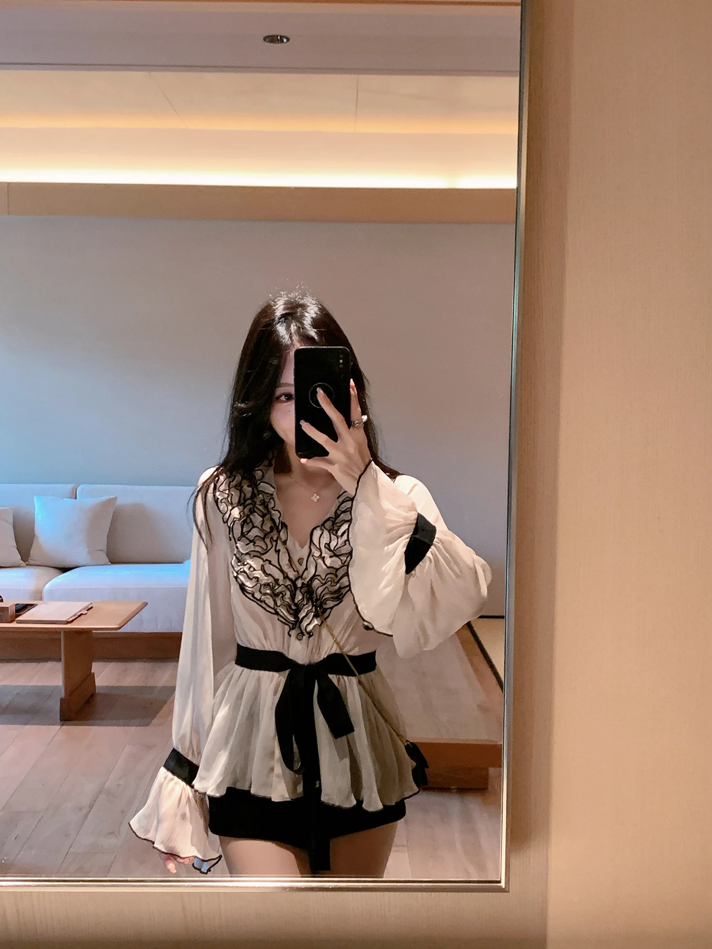 

Французская шифоновая блузка с длинным рукавом, приталенная, с цветными блоками, свободного кроя, с V-образным вырезом, для женщин