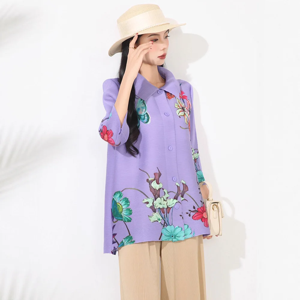 

Miyake Tops with A Quarter-sleeved Spring and Autumn New Design Niche Shirt with Loose Lapels and Slim Printed Pleated Cardigan