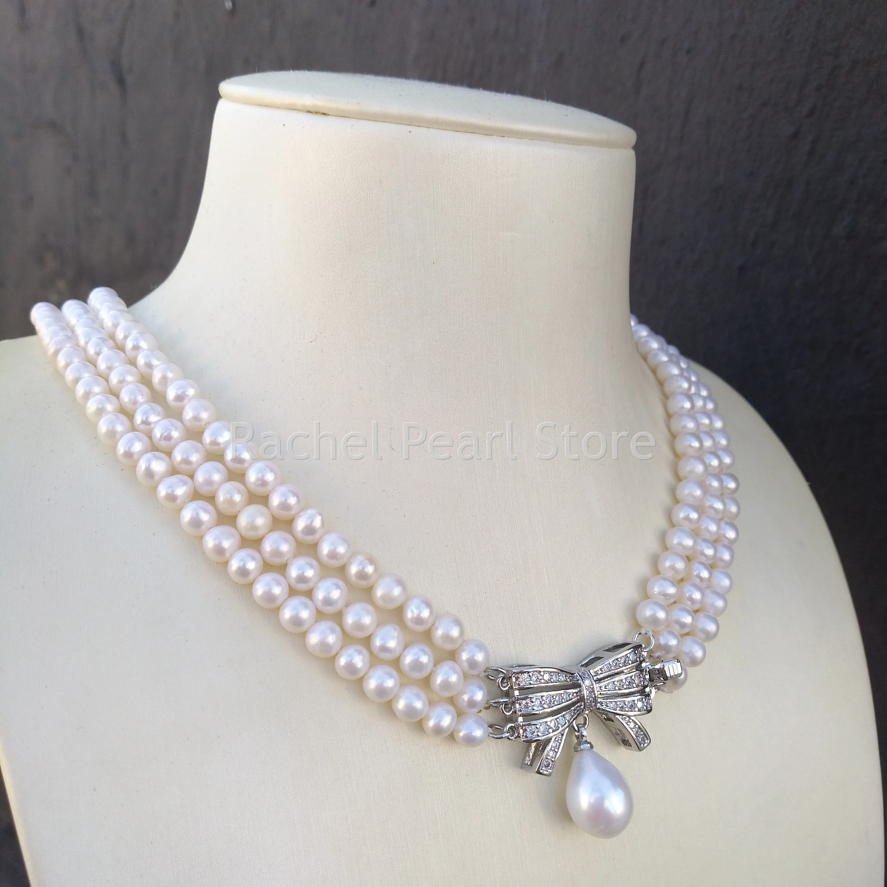 3 Shares Aaaa Japan Akoya 5-6mm White Japanese Akoya Pearl Necklace 9-11mm Pendant 18 Inch Bow Clasp