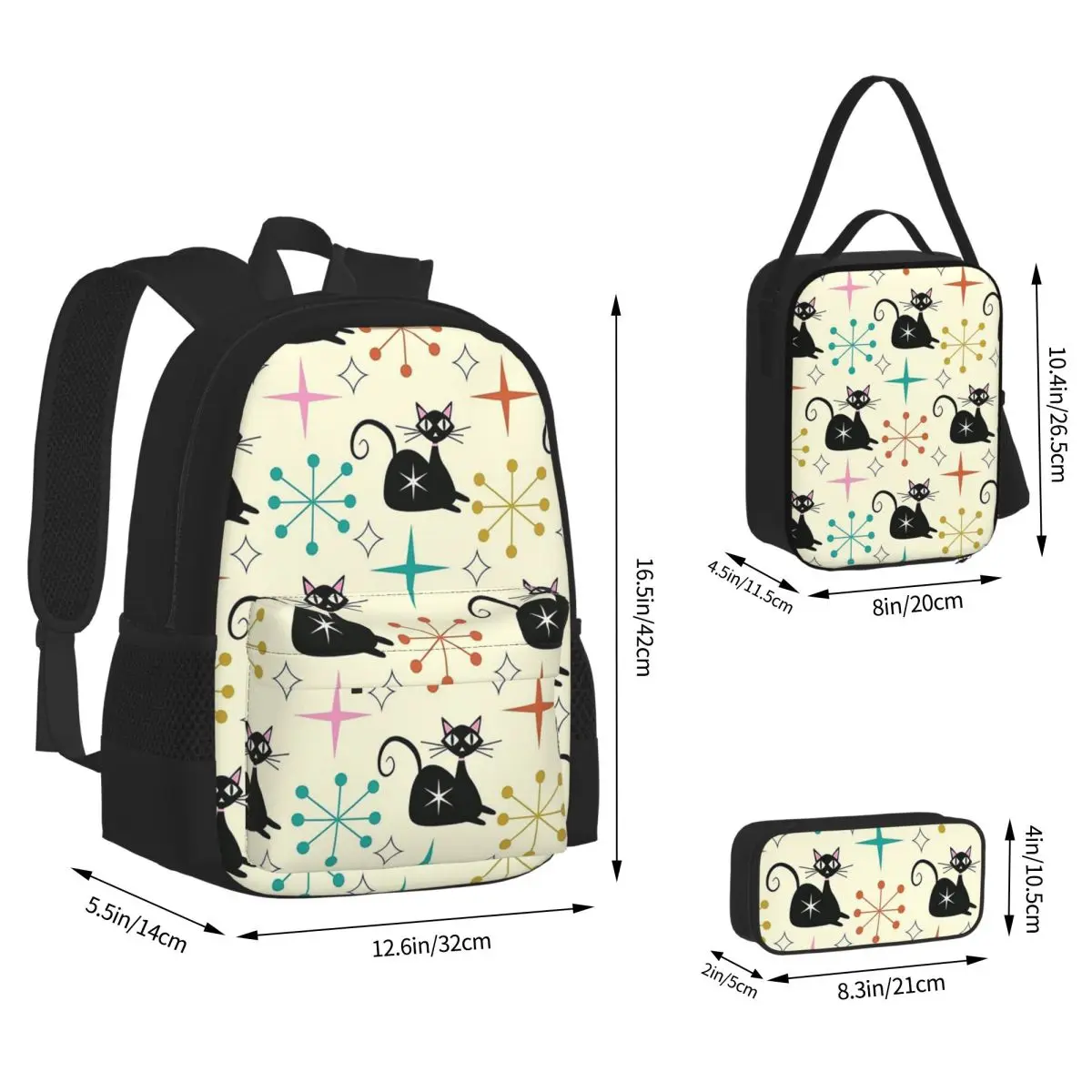 Mid Century Black Atomic Cat With Starbursts Backpacks Kids Bookbag School Bags Rucksack Lunch Bag Pen Bag Three-Piece Set
