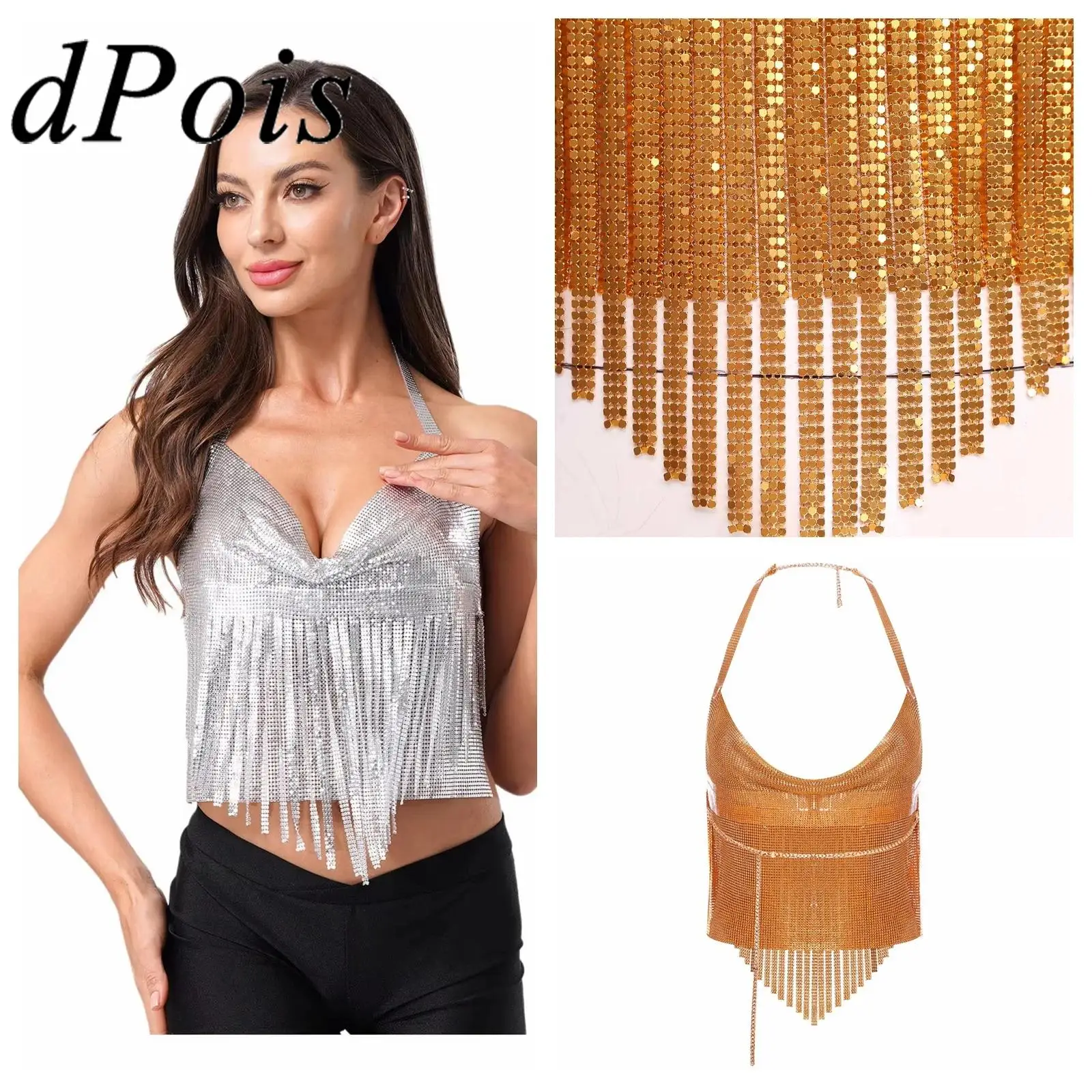 

Women Fashion Tassels Top Hot Adjustable Halter Shiny Metallic Backless Crop Tops Nightclub Rave Party Musical Festival Costume
