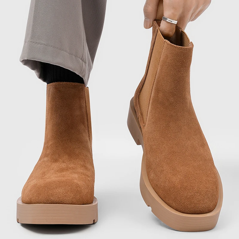 شتاء جديد البقرة المدبوغ تشيلسي الأحذية الرجعية عالية أعلى رجال الأعمال التنقل الأحذية الفاخرة العلامة التجارية سميكة سوليد الراحة المشي الأحذية