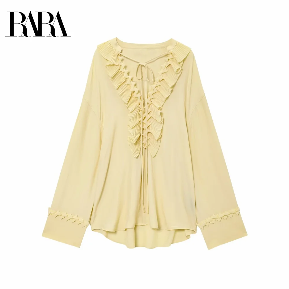 

RARA 2025 летняя новая женская мода в повседневном стиле, свободная однотонная свободная юбка с длинными рукавами и v-образным вырезом, рубашка