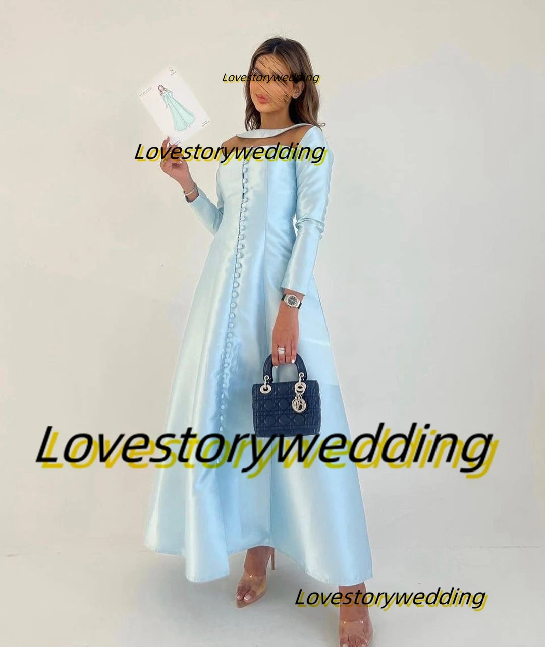 Lovestory Light Sky Blue Satin Tea Length Prom Dresses Buttons Front Long Sleeves Evening Party Formal Occasion Dress