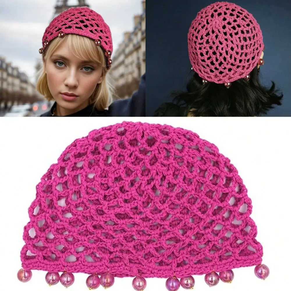 Sweet Rose Red Knitted Hat Hollowed Out Breathable Crochet Headband Handmade Sun Protection Mesh Hair Net Cap Outdoor