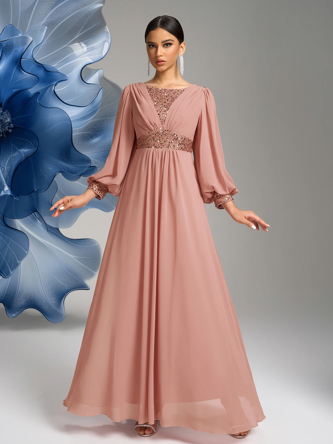

UNITHORSE Round-Neck Lantern Sleeve Sequin Patchwork Chiffon Evening Dress