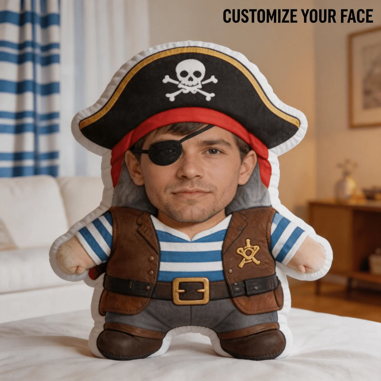 Personalized Pirate Photo Pillow with Custom Face & Pirate Hat/Eye Patch - Pirate-Shaped Cushion Suitable for Sofa, Bed, Decor -