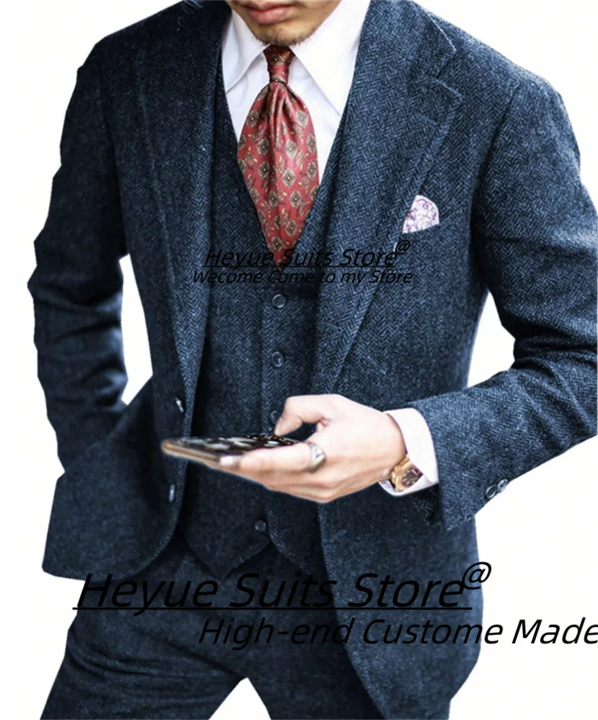 Zimowe niebieskie garnitury męskie w jodełkę szyte na miarę Slim Peak Lapel Groom Wedding Tuxedos 3 Pcs Sets Classic Male Blazers Ropa Hombre