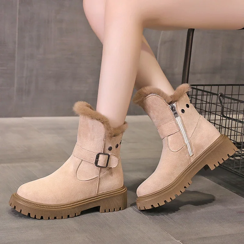 Winter Warm Thick Plush Snow Boots Women Rivet Decor Low Heels Ankle Boots Woman Buckle Strap Platform Fur Short Botas Mujer