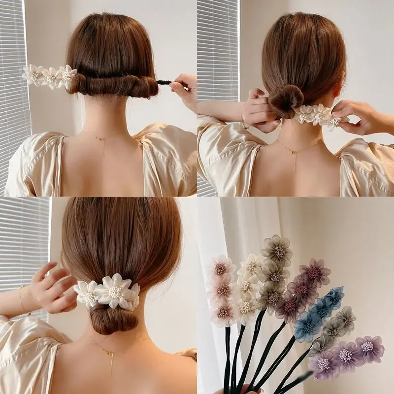 Korean Women Elegant Bud Chiffon Flower Bun Maker Maruko Hairstyle Making Long Tool Sweet Hair Braide Rope Hairbands Accessories