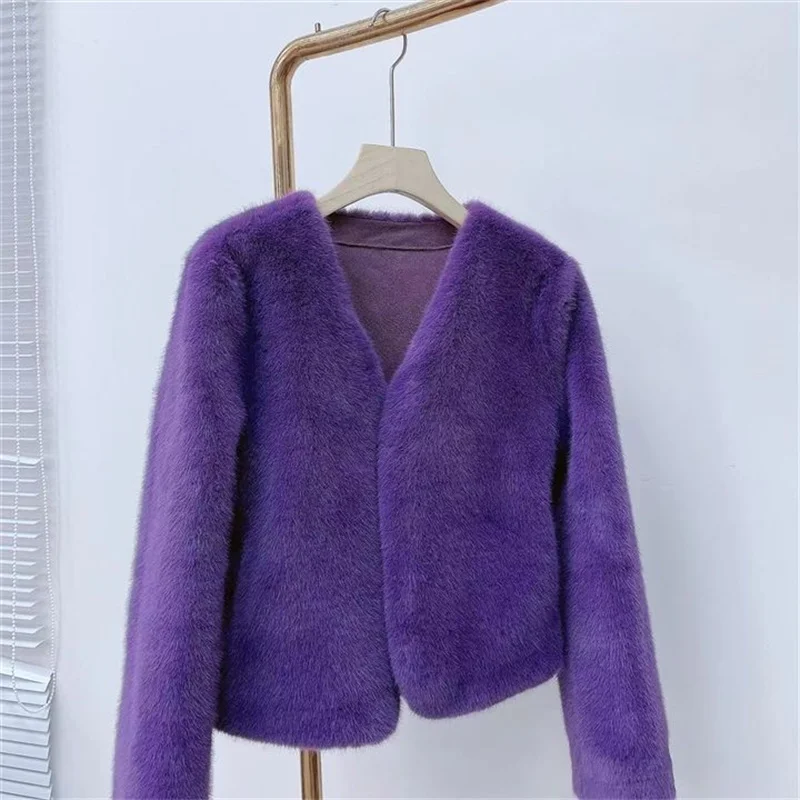 Casaco de veludo de vison feminino, casaco curto feminino, solto e confortável, bonito, monocromático, nova moda, outono e inverno